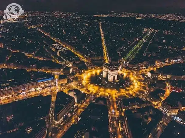 An aerial view of Paris at night
