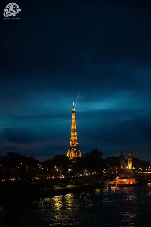 Eiffel tower lit up at night; Paris, France
