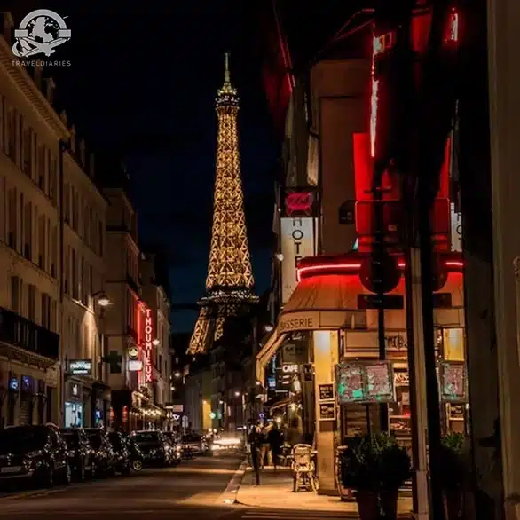 street lit up Eiffel tower in the background