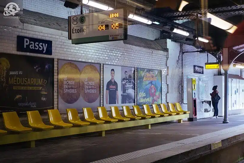 2. A row of yellow chairs in a train station; Paris, France